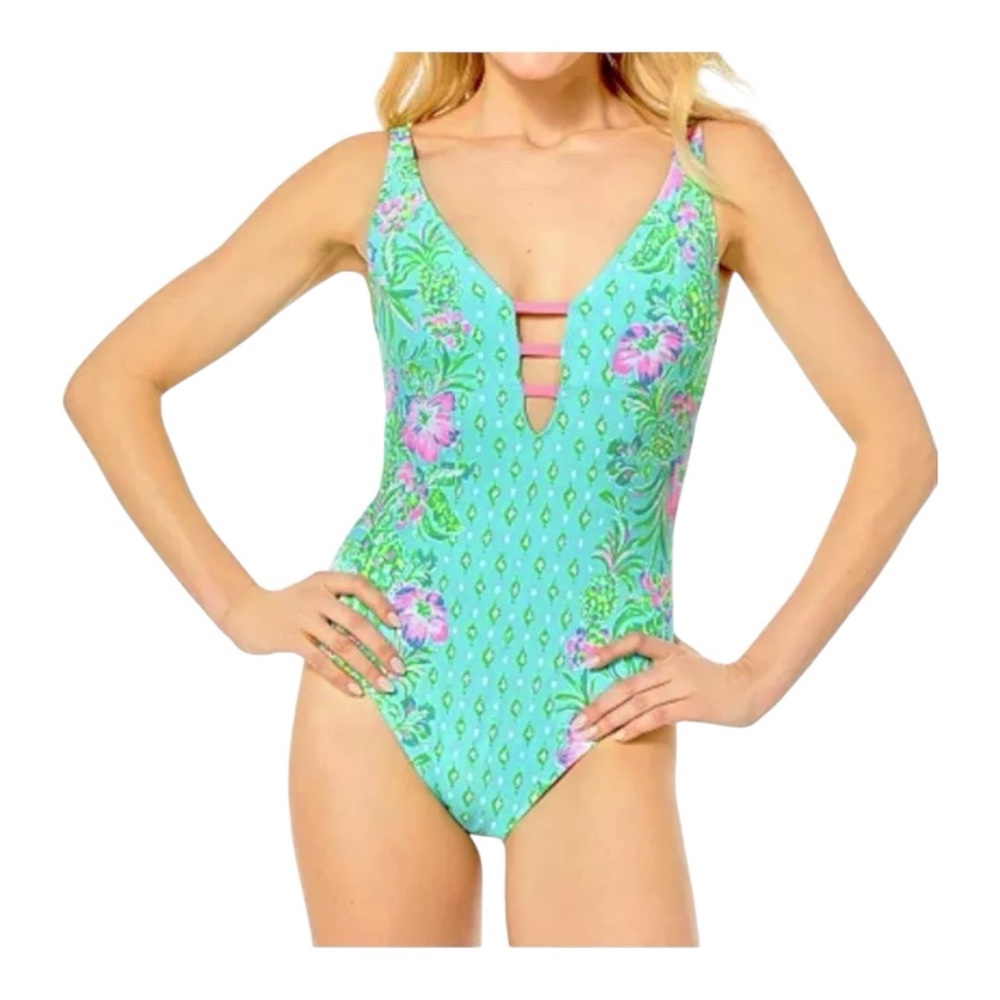 Lilly Pulitzer Jaspen Swimsuit Oh Diamond Girl Sz 12 Surf Blue Bathing Suit